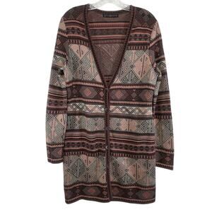 Peruvian Connection Sweater Brown Aztec Southwest Button Duster Cardigan Medium